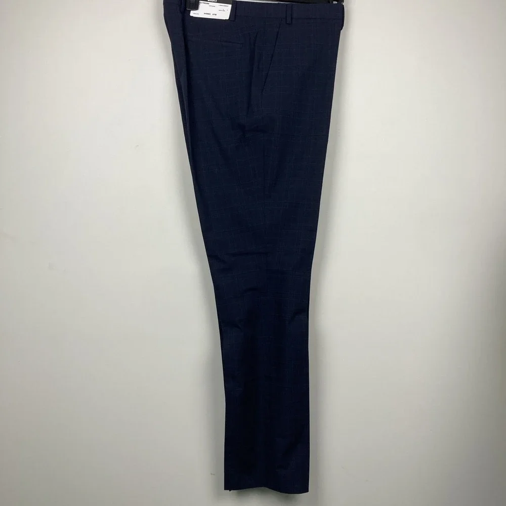DKNY Mens Modern Fit Dress‎ Pants 37W 32L Navy Blue Plaid